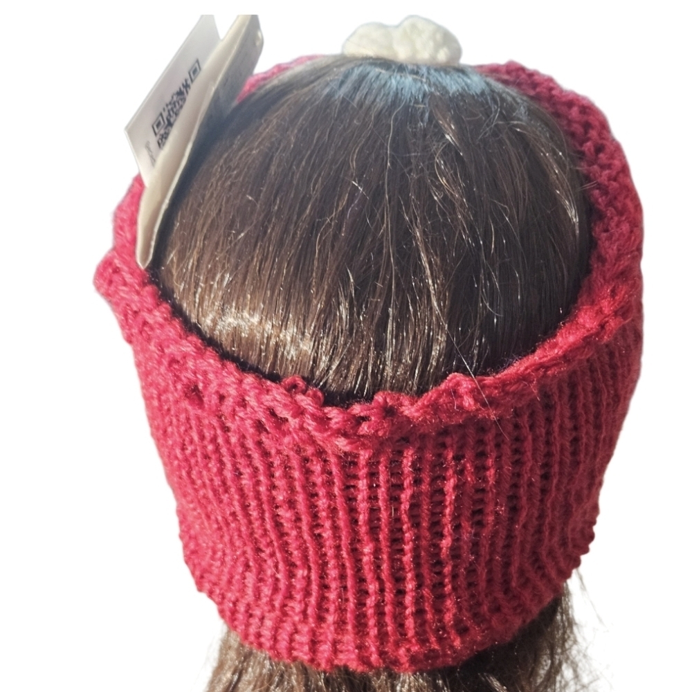 Hand Crafted 3 in 1 hair accessory crochet floral ear warmer Winter headband red - Picture 12 of 17